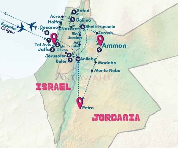 mapa itinerario viaje a Israel y Jordania 11 días